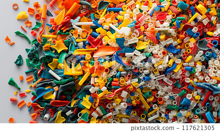 Colorful Microplastics on White Background Highlighting Environmental Hazard 117621305