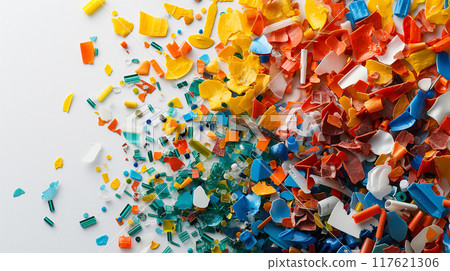 Colorful Microplastics on White Background Highlighting Environmental Hazard 117621306