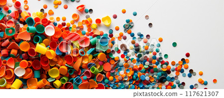 Colorful Microplastics on White Background Highlighting Environmental Hazard Colorful Microplastics on White Background Highlighting Environmental Hazard 117621307