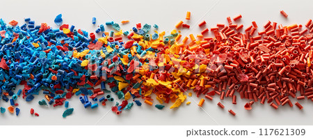Colorful Microplastics on White Background Highlighting Environmental Hazard 117621309