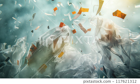 Concept of a Plastic Bag Breaking Apart and Disintegrating 117621312