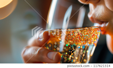 Concept of Water Contamination with Visible Microplastics in Drinking Glass 117621314