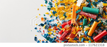 Colorful Microplastics on White Background Highlighting Environmental Hazard 117621318