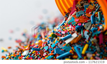 Colorful Microplastics on White Background Highlighting Environmental Hazard Colorful Microplastics on White Background Highlighting Environmental Hazard 117621319