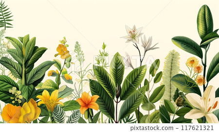Tropical Floral Border with Red and Yellow Flowers on Light Background 117621321