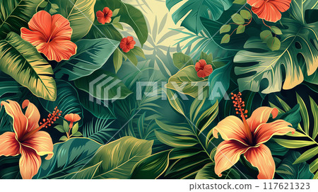 Tropical Jungle with Red and Orange Hibiscus Flowers on Green Leaves Background 117621323