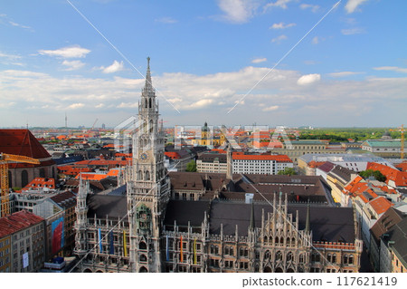 View of the city hall and other buildings from the observation deck of St. Peter's Church in Munich, the capital of Bavaria, Federal Republic of Germany, Europe View of the city hall and other buildings from the observation deck of St. Peter's Church in Munich, the capital of Bavaria, Federal Republic of Germany, Europe 117621419