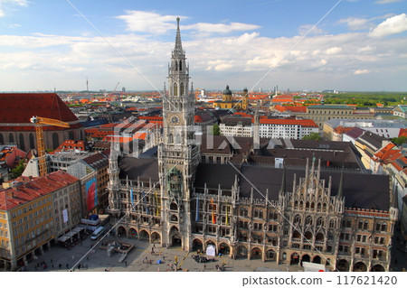 View of the city hall and other buildings from the observation deck of St. Peter's Church in Munich, the capital of Bavaria, Federal Republic of Germany, Europe 117621420