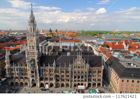 View of the city hall and other buildings from the observation deck of St. Peter's Church in Munich, the capital of Bavaria, Federal Republic of Germany, Europe View of the city hall and other buildings from the observation deck of St. Peter's Church in Munich, the capital of Bavaria, Federal Republic of Germany, Europe 117621421