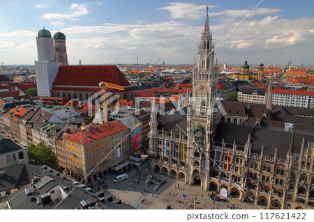 View of the city hall and other buildings from the observation deck of St. Peter's Church in Munich, the capital of Bavaria, Federal Republic of Germany, Europe View of the city hall and other buildings from the observation deck of St. Peter's Church in Munich, the capital of Bavaria, Federal Republic of Germany, Europe 117621422
