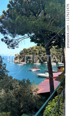 Bright yachts and boats on sea near rocks of Portofino. Summer and nature of Liguria. Rest and relaxation. Background for design. Bright yachts and boats on sea near rocks of Portofino. Summer and nature of Liguria. Rest and relaxation. Background for design. 117621476
