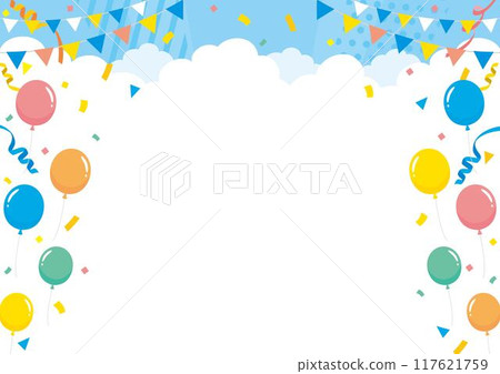 Blue sky, confetti, balloons and garlands background, above the clouds version, size ratio 4:3 117621759