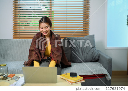 Young woman using laptop managing her monthly budget with online program . Financial management concept Young woman using laptop managing her monthly budget with online program . Financial management concept 117621974