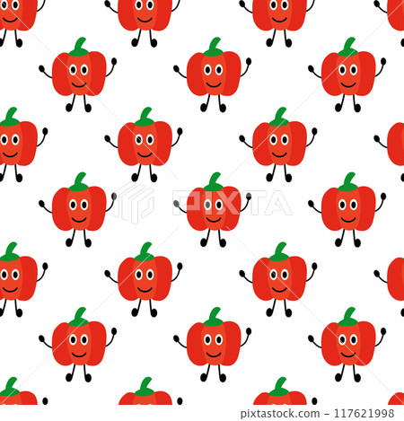 Friendly Red Pepper seamless pattern. Vegetable wallpaper. Vegan raw background. Vegetarian food. Farm market product. Vector flat illustration. Friendly Red Pepper seamless pattern. Vegetable wallpaper. Vegan raw background. Vegetarian food. Farm market product. Vector flat illustration. 117621998