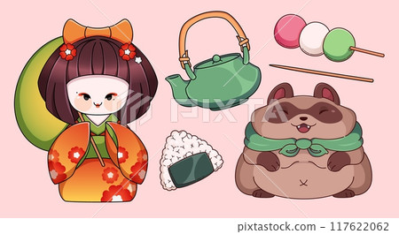 Japanese daruma toys set isolated on background Japanese daruma toys set isolated on background 117622062