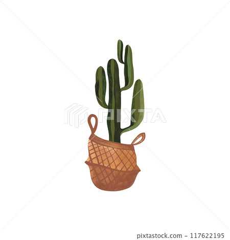 Cactus in a wicker basket. Plants for the home. Floriculture. Interior decoration. Isolated watercolor illustration on white background. Clipart. 117622195