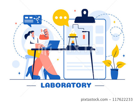 A Vector Illustration of a Laboratory Conducting Scientific Research, Experimentation, and Measurement on a Flat Cartoon Style Background 117622233