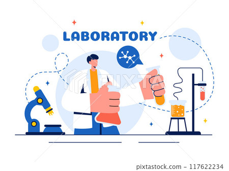 A Vector Illustration of a Laboratory Conducting Scientific Research, Experimentation, and Measurement on a Flat Cartoon Style Background 117622234