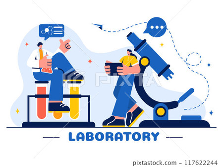 A Vector Illustration of a Laboratory Conducting Scientific Research, Experimentation, and Measurement on a Flat Cartoon Style Background 117622244