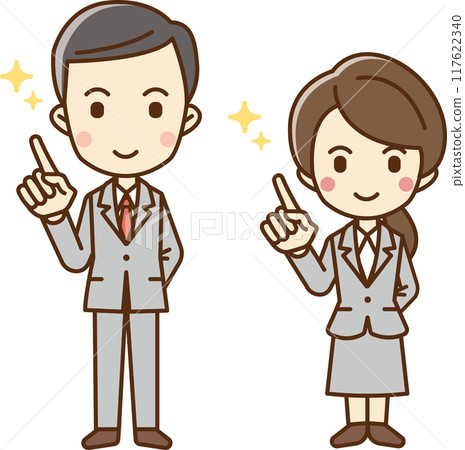Illustration of a man and woman in a business suit pointing their index finger Illustration of a man and woman in a business suit pointing their index finger 117622340
