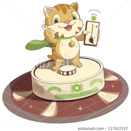 Smart home concept cat control robot vacuum cleaner with smartphone 117622537