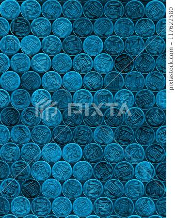 Large number of coins in rows. Background image. The coins of Ukraine are laid out in a continuous coating, with the coat of arms side visible. 117622580