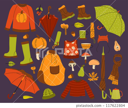 Autumn cozy set with sweater, umbrellas, and mushrooms. Vector illustration. Colorful season collection Autumn cozy set with sweater, umbrellas, and mushrooms. Vector illustration. Colorful season collection 117622804