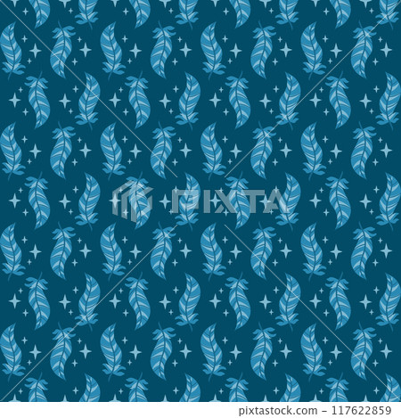 Seamless vector pattern with feather and stars in blue. Magic Pattern  117622859