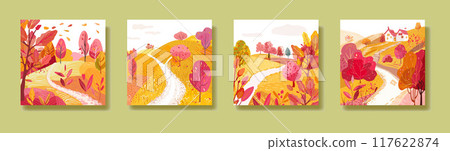 Set of Paths in the summer park. Hand drawn. Autumn trees with foliage. Fields on the hills, White houses with a tiled roof. Print on postcards, covers or wallpaper. Vector Set of Paths in the summer park. Hand drawn. Autumn trees with foliage. Fields on the hills, White houses with a tiled roof. Print on postcards, covers or wallpaper. Vector 117622874