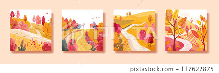 Set with places for travel Hand drawn. Autumn forest. Migratory birds. Fields on the hills. Print on Print, postcard or diary. Vector Set with places for travel Hand drawn. Autumn forest. Migratory birds. Fields on the hills. Print on Print, postcard or diary. Vector 117622875