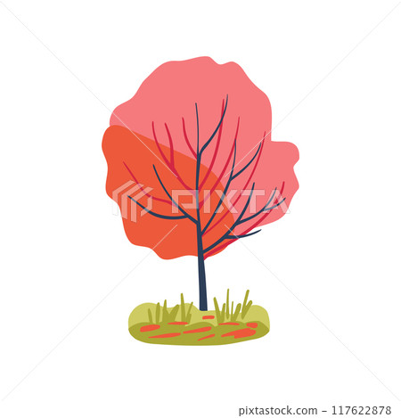 Hand drawn tree with coral and red leaves and grass. Simple design. Flat vector illustration. Icon plant Hand drawn tree with coral and red leaves and grass. Simple design. Flat vector illustration. Icon plant 117622878