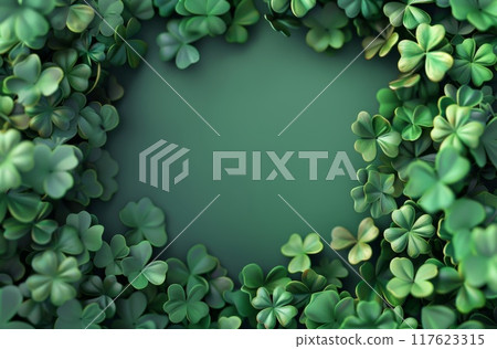 Clover border. Holiday decoration with green leaf and foliage background. Floral nature cloverleaf pattern. Celtic traditional banner. Shamrock frame for irish st. patrick day 117623315