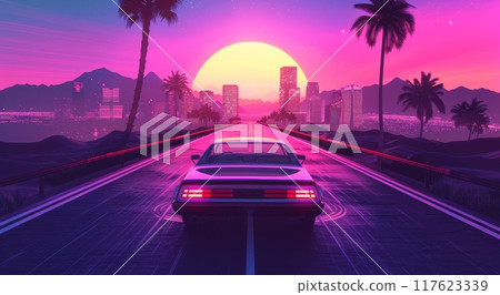 Vaporwave car, holographic 80s sun and sky. Retro violet cyberpunk palm. Pink summer glow drive. Nature shine landscape poster. Retrowave neon miami with tropical gradient road 117623339