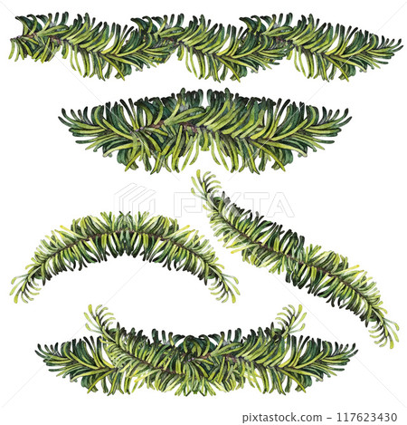 Green fir branches for Christmas wreaths, borders and frames. Set of watercolor botanical illustrations of a Christmas tree isolated on a white background. Branch templates of different configurations 117623430