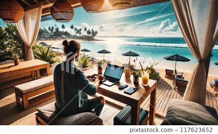Open your laptop in an open-air cafe while looking out at the sea 117623652