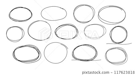 Highlight circle frame cadre, circle doodle scribble round circles for message note. border, mark check or text box isolated on white background. Hand drawn decorative stroke, vintage sketch icon Highlight circle frame cadre, circle doodle scribble round circles for message note. border, mark check or text box isolated on white background. Hand drawn decorative stroke, vintage sketch icon 117623818