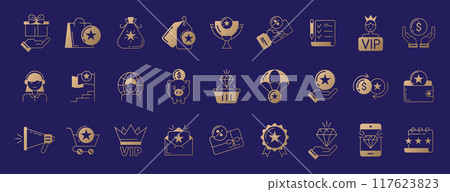 Exclusive benefit golden line icons with reward symbol, vip client card and sale coupon 117623823