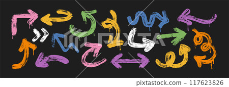 Hand drawn rough arrows vector set, brush stroke design elements, pointer lines 117623826