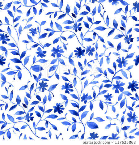 seamless watercolor pattern with an ornament of small blue flowers. 117623868