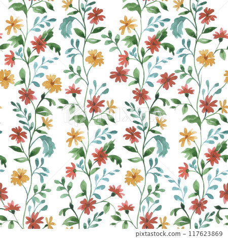 seamless watercolor pattern with an ornament of small wildflowers. 117623869