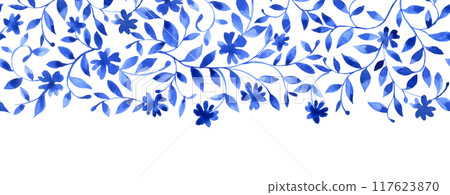 seamless watercolor border with a pattern of small blue flowers. seamless watercolor border with a pattern of small blue flowers. 117623870