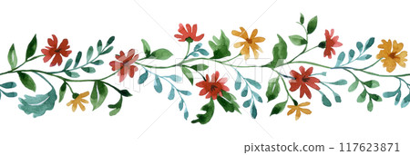seamless watercolor border with a pattern of small wildflowers. seamless watercolor border with a pattern of small wildflowers. 117623871