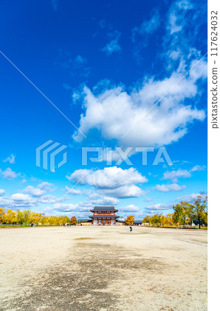 [Nara Prefecture] The Suzaku Gate of Heijo Palace under a dynamic blue sky 117624032