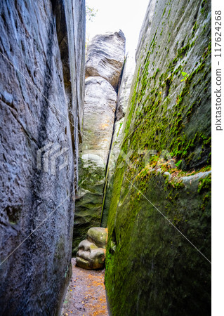 Narrow passage through sandstone gorge in Besedice Rocks, Bohemian Paradise, Czech Republic 117624268