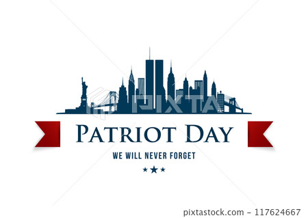 New York skyline with Patriot Day ribbon and remembrance text 117624667