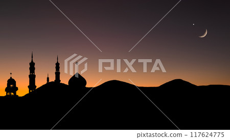 Musque Dome Night Building with Sky Moon Sunset Background Mubaruk Greeting Islam Ramadan Element Masjid Aqsa Hajj Kaaba Umrah Eid Arabian Religion Islamic Muhammad Arab Muslim Greeting. 117624775