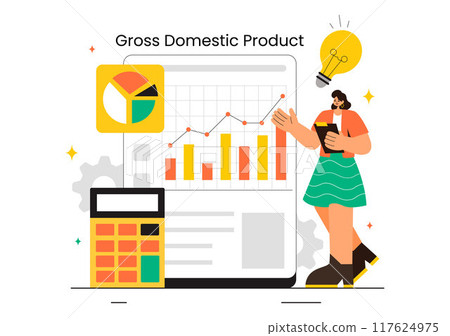 GDP or Gross Domestic Product Vector Illustration with Economic Growth Columns and Market Productivity Charts in a Flat Style Cartoon Background GDP or Gross Domestic Product Vector Illustration with Economic Growth Columns and Market Productivity Charts in a Flat Style Cartoon Background 117624975