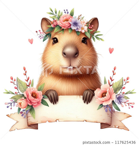 Cute Capybara holding a white banner sign Cute Capybara holding a white banner sign 117625436