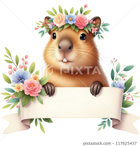 Cute Capybara holding a white banner sign Cute Capybara holding a white banner sign 117625437