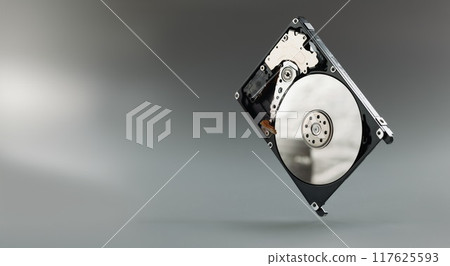 New hard drive pc a gray background, close-up 117625593